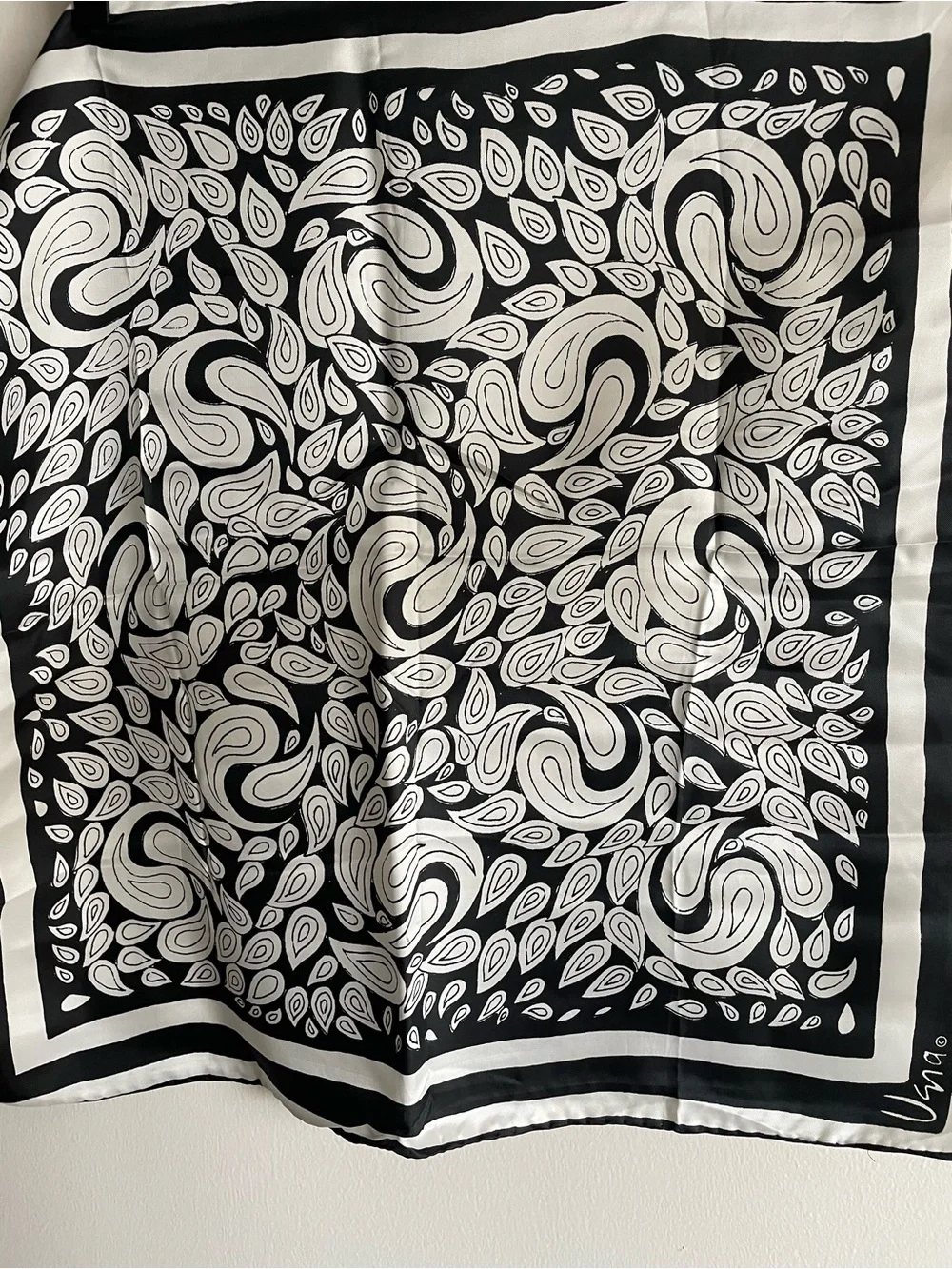 Vintage Usna silk rayon square scarf abstract bandana paisley black white 22x22